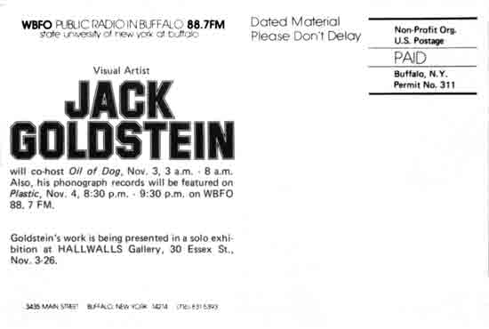 Postcard issued by Hallwalls to publicize Jack Goldstein's appearance on my show.